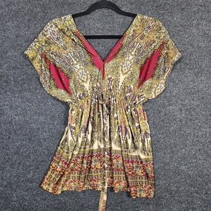 Y2K Style Paisley Boho Babydoll Tunic Top Empire Waist Flutter Sleeve Small